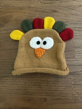 Mud Pie Baby Turkey Crochet Beanie Hat in Tan with Colorful Feathers Size 6-18 M